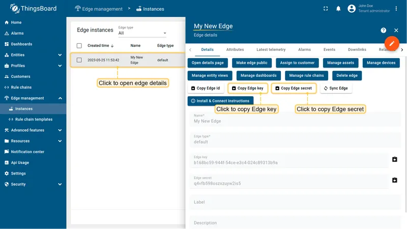 Copy Edge Key and Edge Secret from the instance details panel