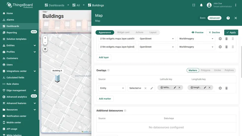 Map widget with configured markers representing buildings