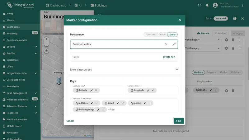 Widget configuration with entity alias field set to Selected entity