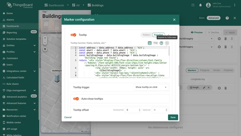 Tooltip configuration with code editor and lines highlighted for removal