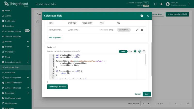 Calculated field form with waterConsumption argument added and script editor visible