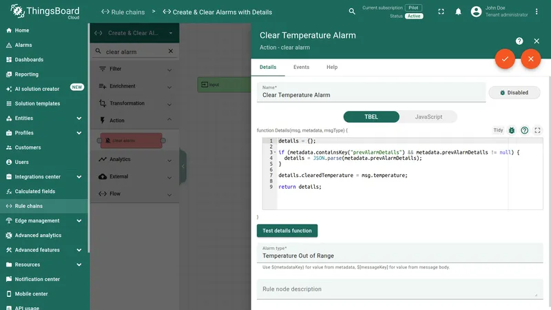 Clear temperature alarm node configuration