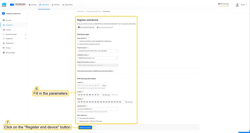Fill the rest parameters and press **Register end device** button.