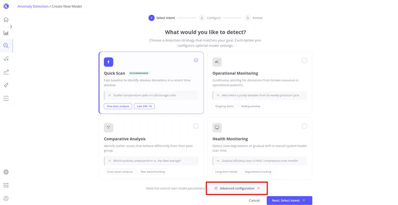 Select Intent step with Advanced configuration link highlighted at the bottom