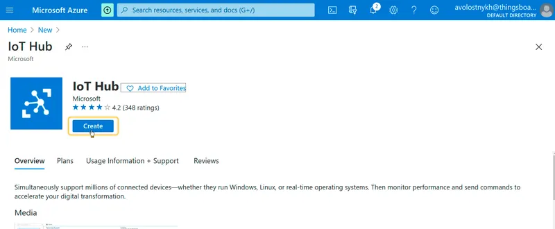 IoT Hub marketplace page with Create button highlighted