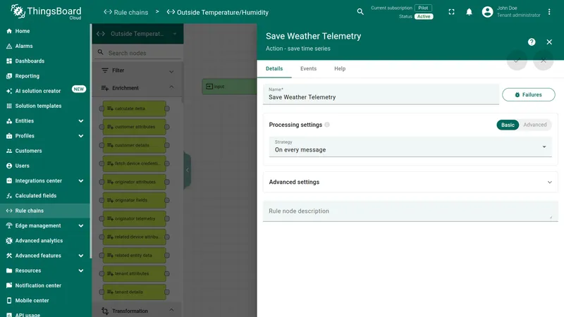 Save Weather Telemetry rule node configuration
