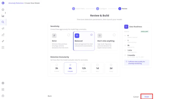 Review & Build step with Finish button highlighted in the bottom-right corner