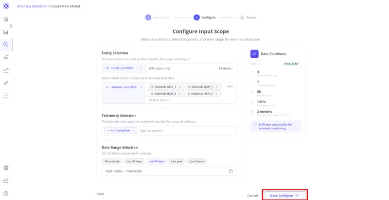 Configure step with "Next: Configure" button highlighted in the bottom-right corner