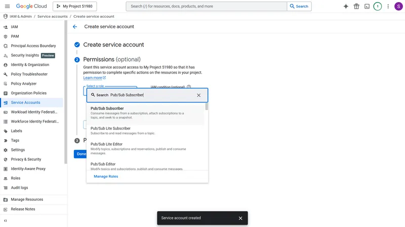 Create service account — step 2: Grant this service account access, Pub/Sub Subscriber role selected