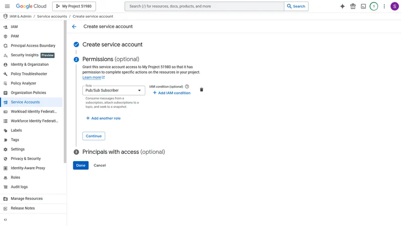 Service accounts list showing thingsboard-pubsub account