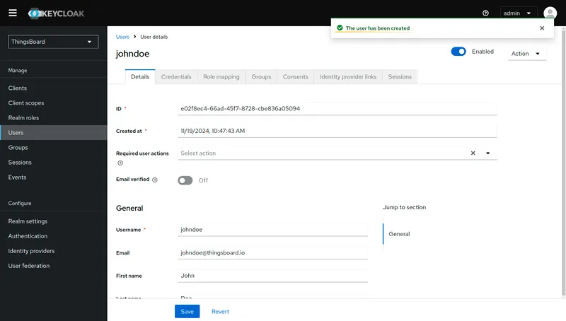 Test user created in Keycloak