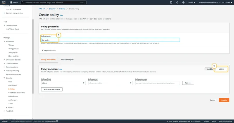 Create policy form — policy name entered, JSON tab highlighted