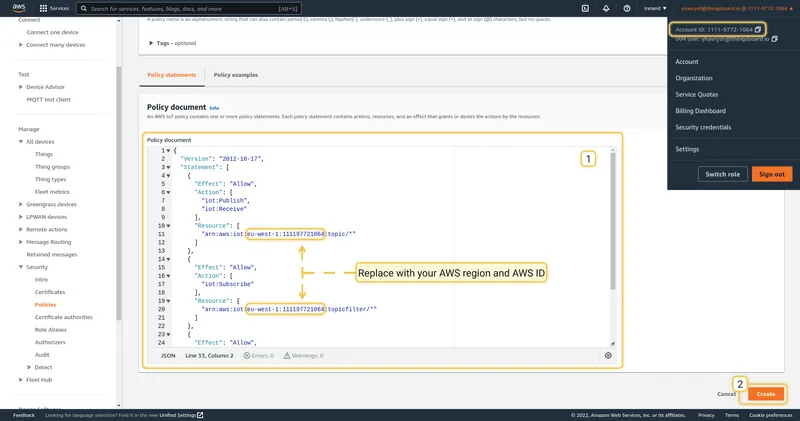 Policy JSON editor with policy document pasted
