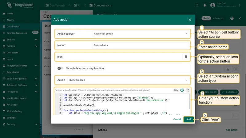 Configure custom action with delete function