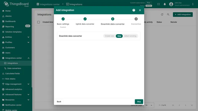 Add integration wizard — Downlink data converter step: Create new and Skip options shown