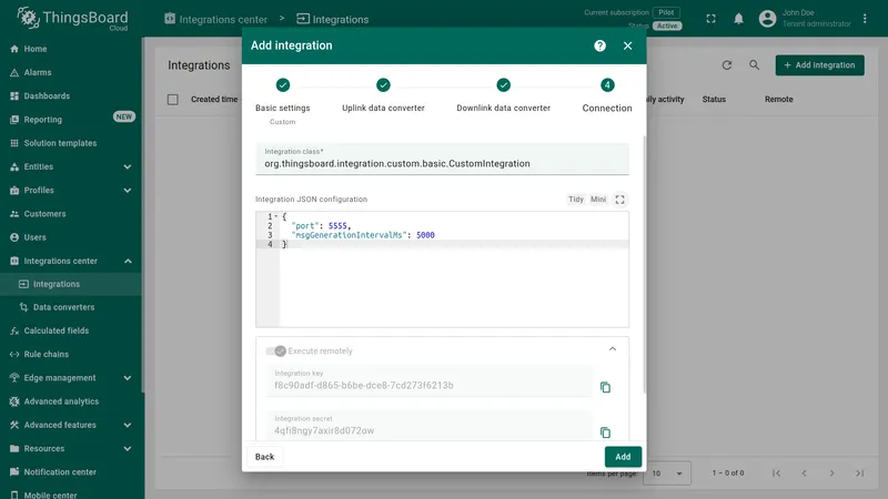 Add integration wizard — Connection step: Integration class and JSON configuration filled, Execute remotely enabled, Integration Key and Integration Secret fields shown