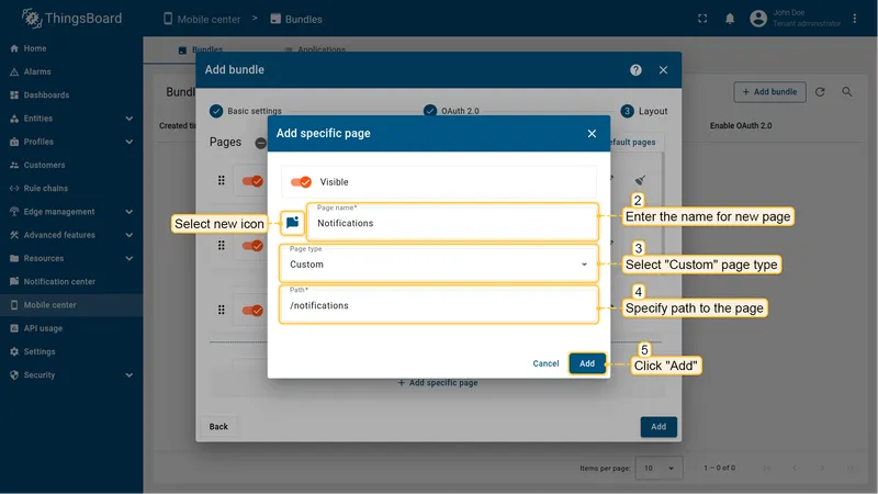 Page type selection dialog with Dashboard, Webview, and Custom options