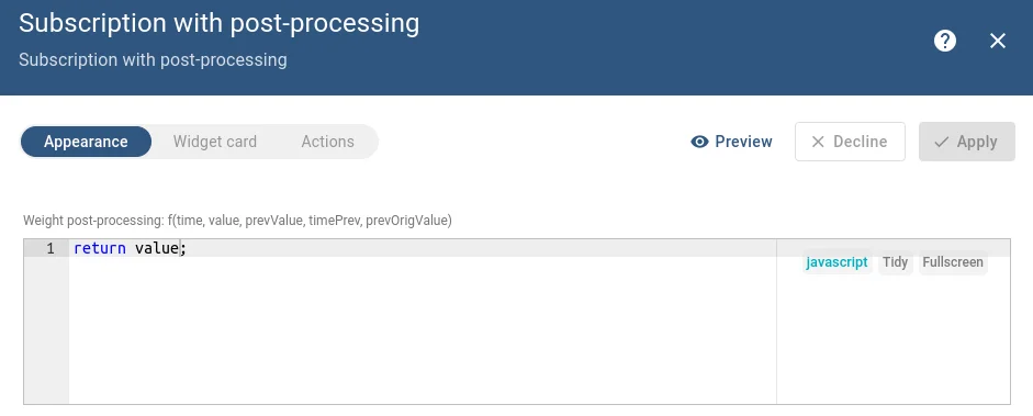 Widget settings panel showing the post-processing function field with default return value;