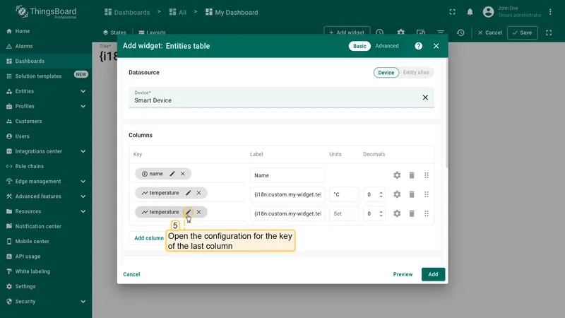Open column key configuration