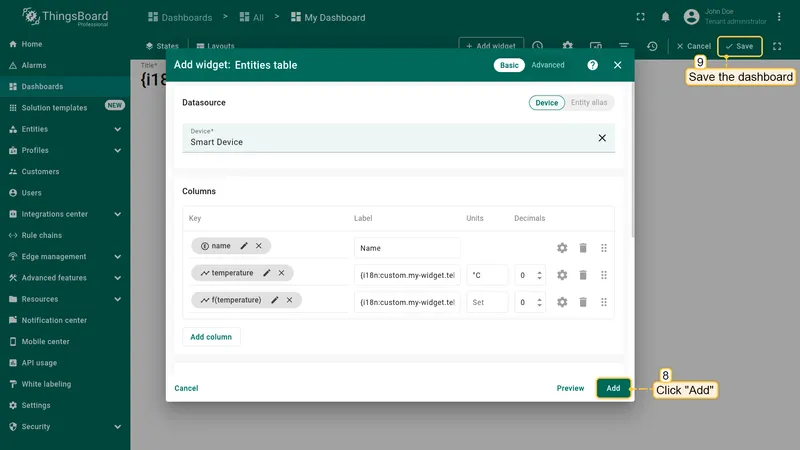 Add widget and save dashboard