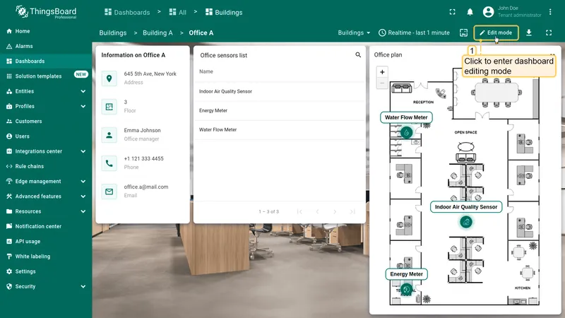 Office A dashboard in view mode with the Edit mode button highlighted