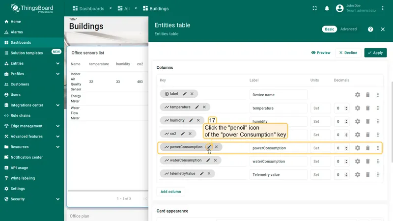 Entities table widget settings with the pencil icon highlighted on the powerConsumption key