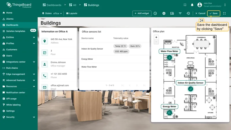 Office dashboard in edit mode with the Save button highlighted after widget changes were applied