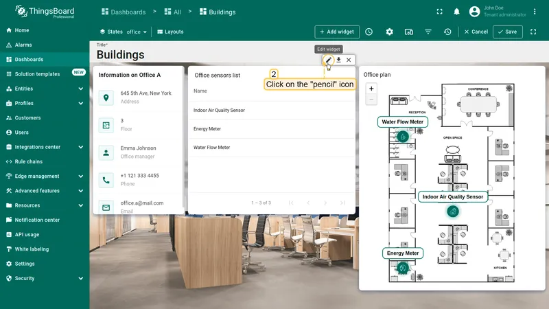 Office sensors list widget in edit mode with the pencil icon highlighted
