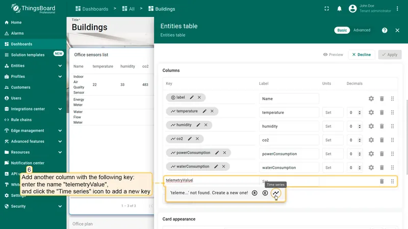 Entities table widget settings with a new telemetryValue key being added as a Time series key