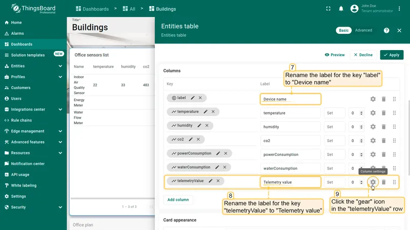 Entities table widget settings with column labels renamed to Device name and Telemetry value and the telemetryValue settings button highlighted