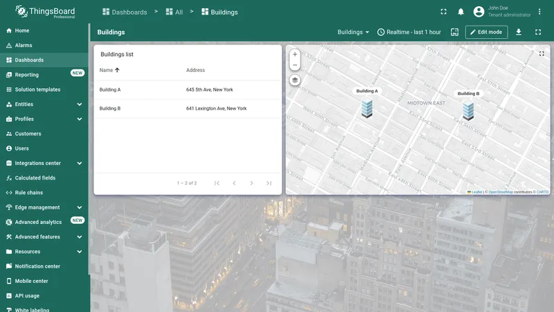 Default dashboard state showing buildings list and map