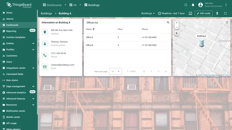 Building A selected with building information and offices list