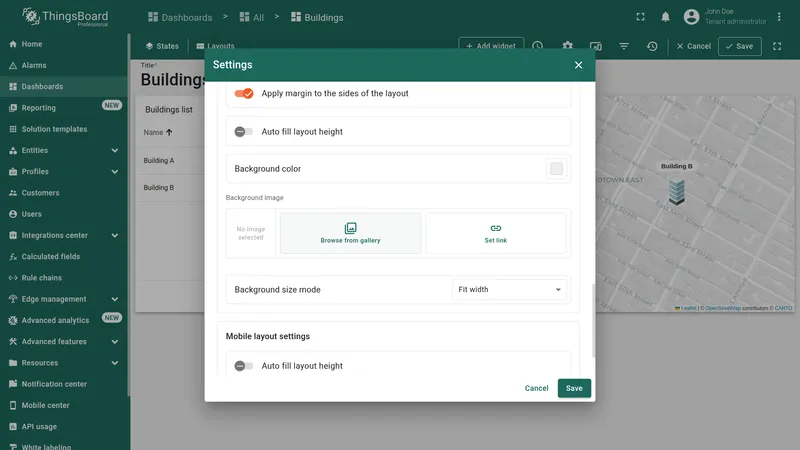 Dashboard in edit mode — Manage layouts button highlighted