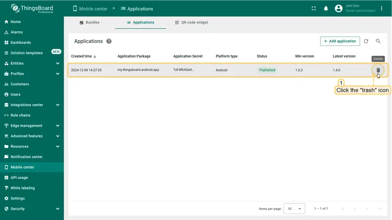 Applications list with trash icon highlighted on the application row