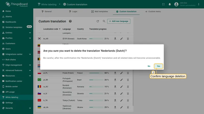 Confirm language deletion