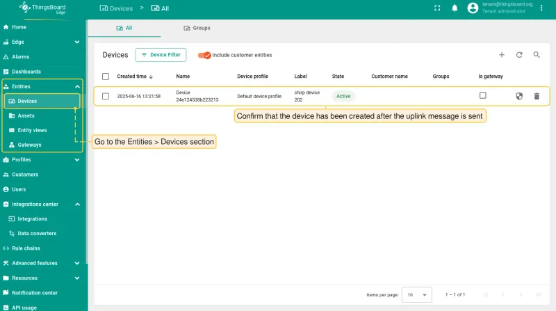 Device created in ThingsBoard Edge