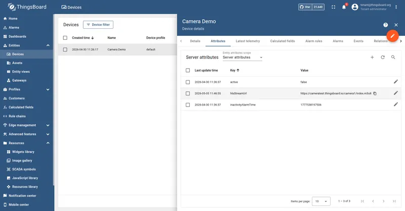 Device details panel for a camera entity, with the Server attributes tab open and an hlsStreamUrl row showing the public HLS URL as its string value.