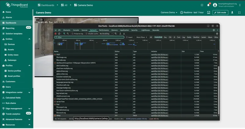 Dashboard playing the WebRTC live stream in the background, with browser DevTools open on the Network tab capturing the requests issued by the widget.