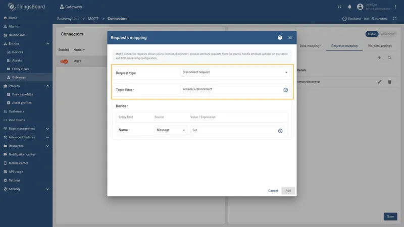 Select Disconnect request type with wildcard topic filter