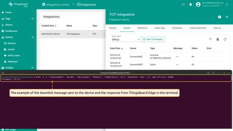 Terminal showing the downlink response from ThingsBoard Edge