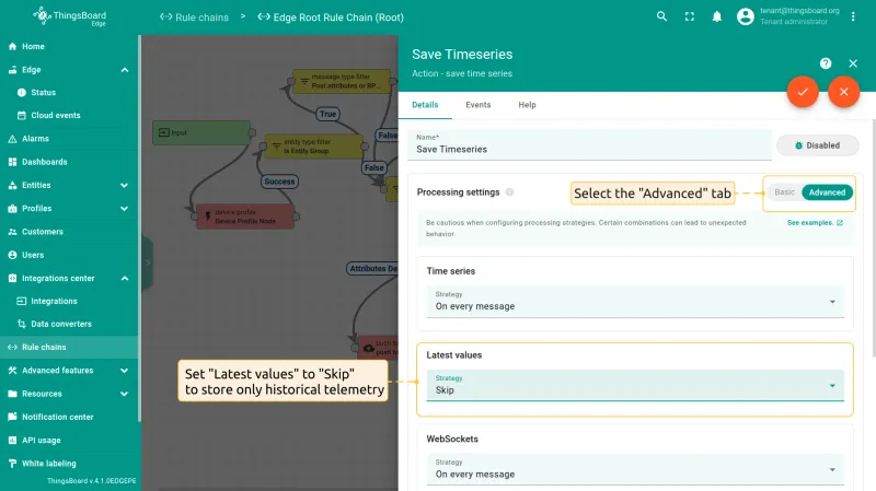 Edge save timeseries node configured to store only historical telemetry — PE