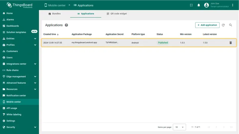 Applications list showing the updated application with Latest version changed to 1.5.0