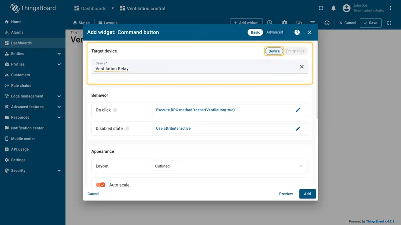 On click behavior configured — Execute RPC restartVentilation