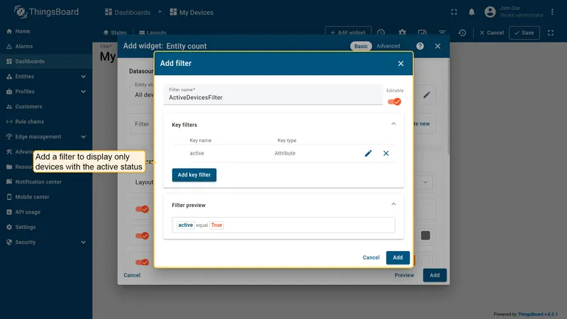 Key filter configured to count only devices with active = true