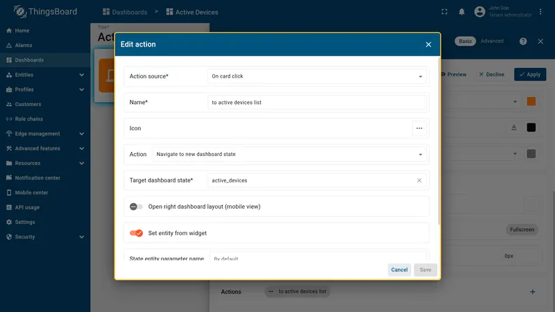 On card click action configured to navigate to the active devices state