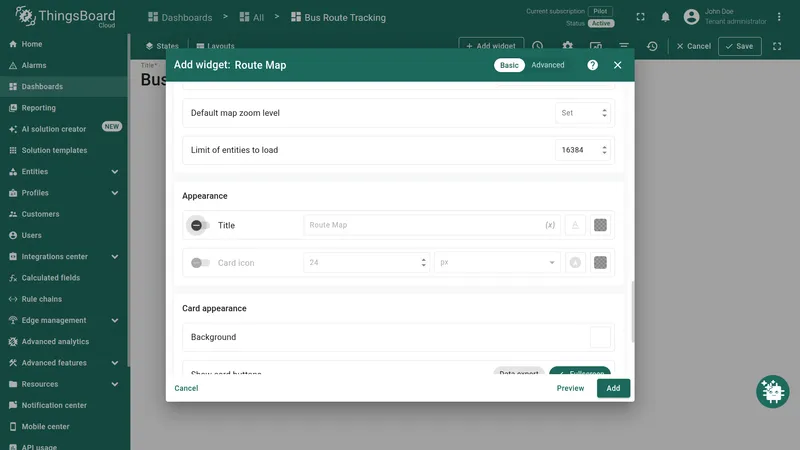 Route Map widget configuration dialog in ThingsBoard