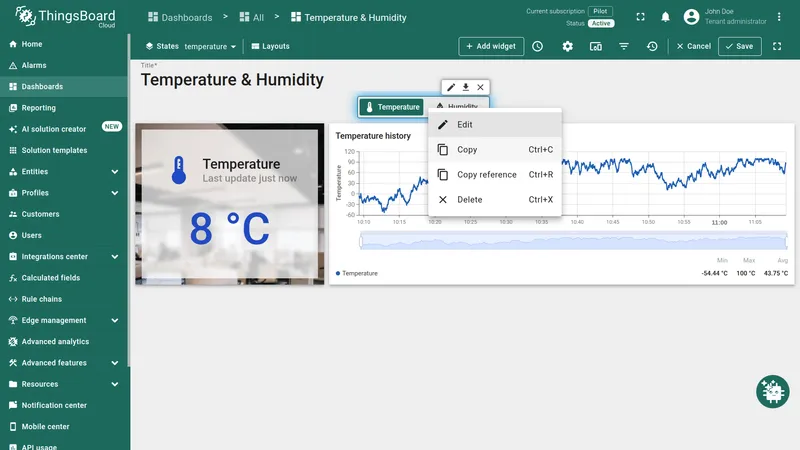 Right-click menu on the widget showing Copy option