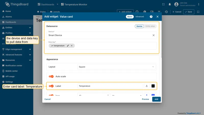 Value card datasource configured with Smart Device and temperature key