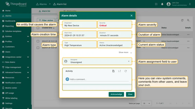 Alarm details dialog