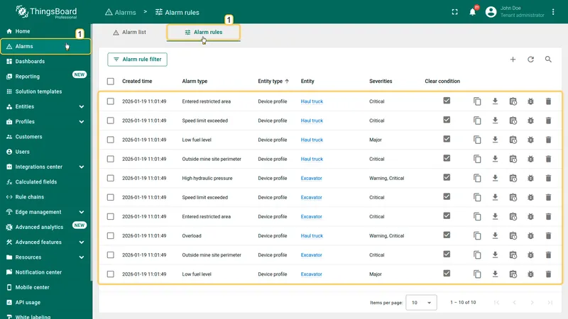 Alarm rules configured in the Excavator and Haul truck device profiles